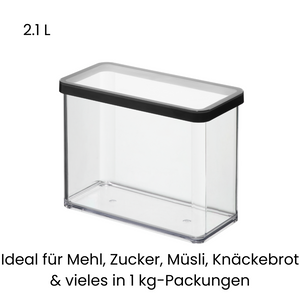 Rechthoekige plastic voorraadbus van 2,1 liter, met een zwart deksel, voor meel en muesli.
