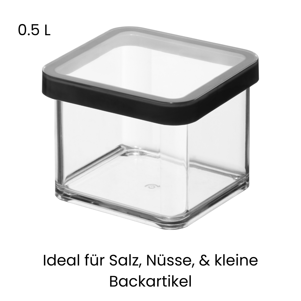 Rechthoekige voorraadbus van 0,5 l, met zwart deksel, voor zout en noten.