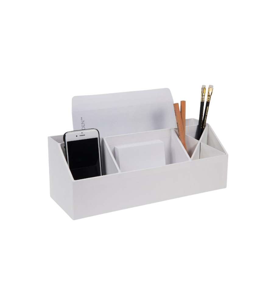 Witte opbergdoos voor op je bureau, voor je smartphone, enveloppen, pennen en notitieblokjes.