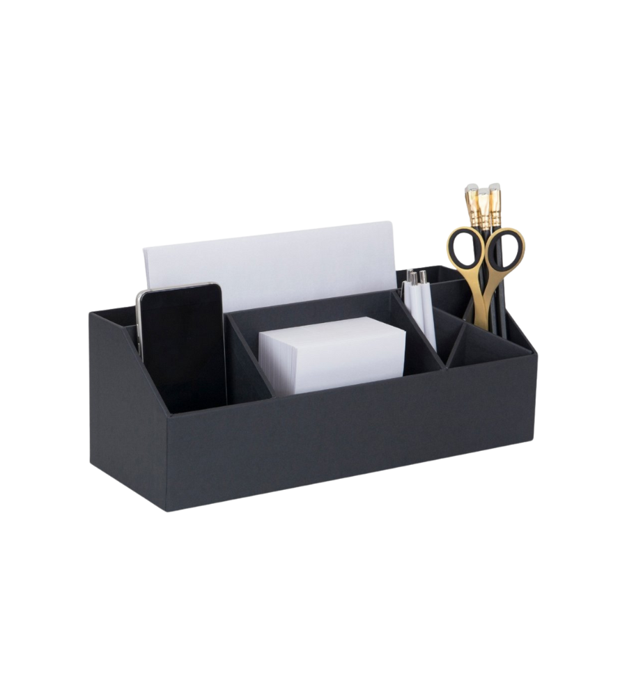 Deze zwarte bureau-organizer houdt je telefoon, notitieblokjes, pennen en een schaar op je bureau bij elkaar.