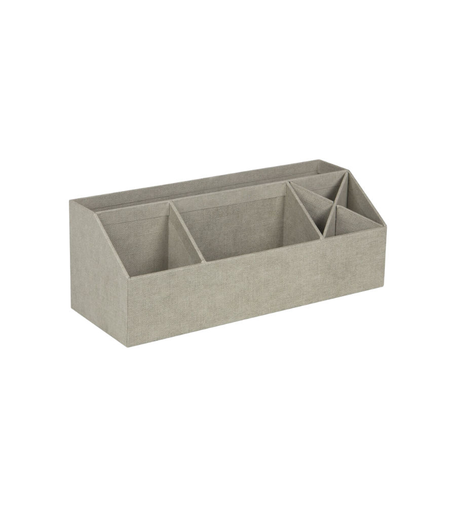 De Bigso ELISA bureau-organizer - linnen canvas is een rechthoekige, grijze stoffen bureau-organizer met meerdere vakjes voor pennen, papieren en kantoorbenodigdheden – perfect om je bureau op orde te houden en afgebeeld tegen een eenvoudige witte achtergrond.