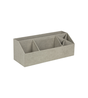 De Bigso ELISA bureau-organizer - linnen canvas is een rechthoekige, grijze stoffen bureau-organizer met meerdere vakjes voor pennen, papieren en kantoorbenodigdheden – perfect om je bureau op orde te houden en afgebeeld tegen een eenvoudige witte achtergrond.