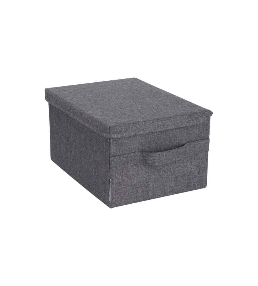De Bigso SOFT opbergbox Grijs S (35x26x19 cm) is stapelbaar, rechthoekig, gemaakt van stof, voorzien van een deksel en een handvat aan de voorkant, opvouwbaar en afgebeeld op een witte achtergrond.