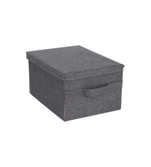 De Bigso SOFT opbergbox Grijs S (35x26x19 cm) is stapelbaar, rechthoekig, gemaakt van stof, voorzien van een deksel en een handvat aan de voorkant, opvouwbaar en afgebeeld op een witte achtergrond.