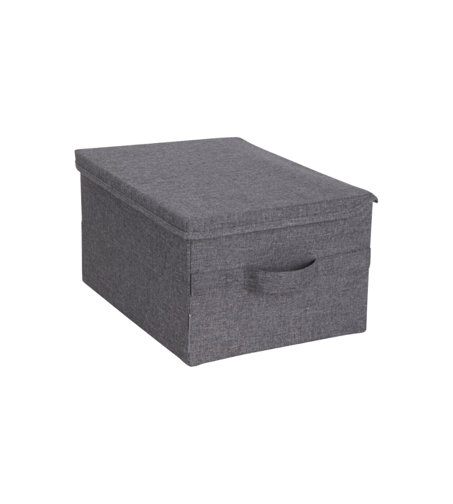 De Bigso SOFT opbergbox Grijs M (40x30x22 cm) is een rechthoekige opbergbox van grijze stof met een deksel en een handvat aan de voorkant. Hij is opvouwbaar voor eenvoudig opbergen en stapelbaar om ruimte te besparen, afgebeeld op een eenvoudige witte achtergrond.