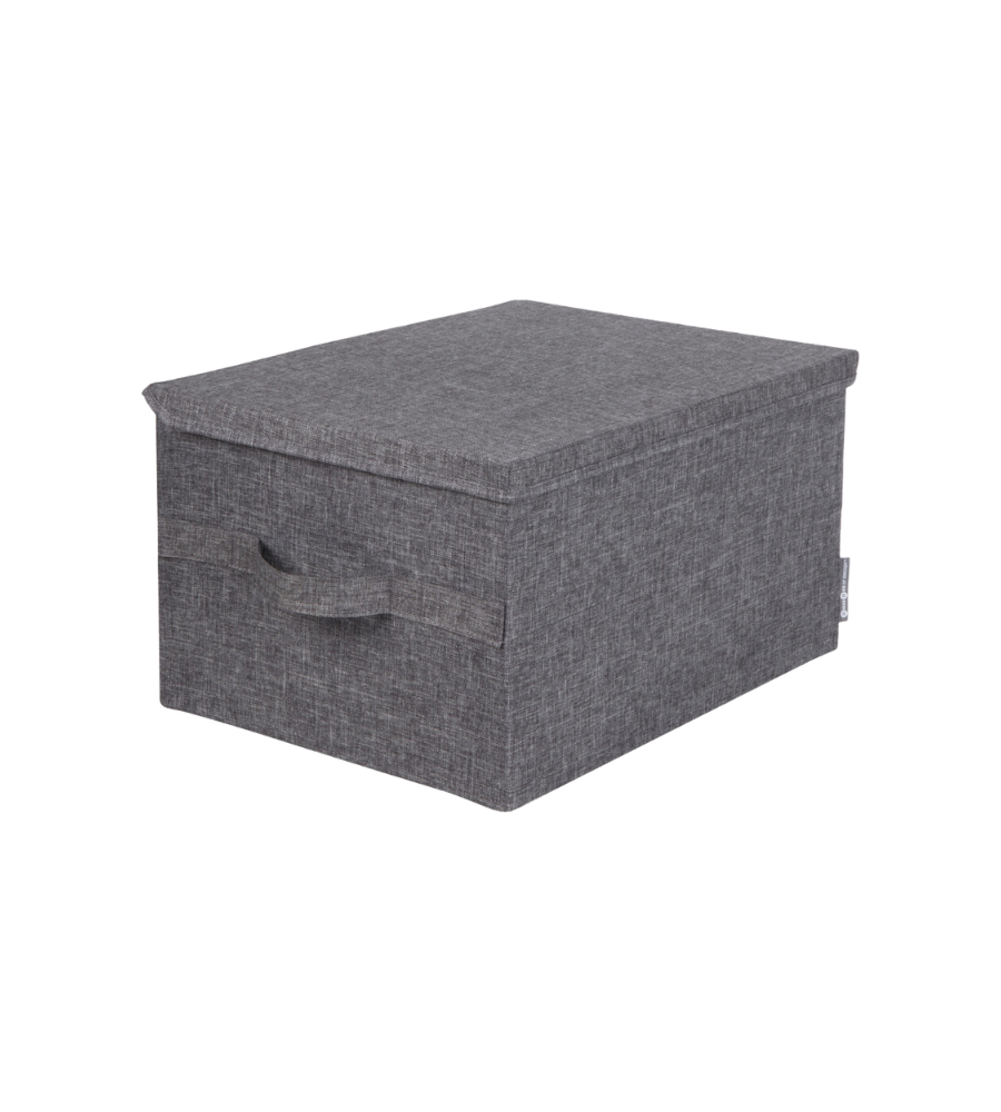 De Bigso SOFT opbergbox Grijs L (45x34x25 cm) van stof, met deksel en handvat aan de voorkant, is opvouwbaar, ruimtebesparend en wordt gepresenteerd op een witte achtergrond.