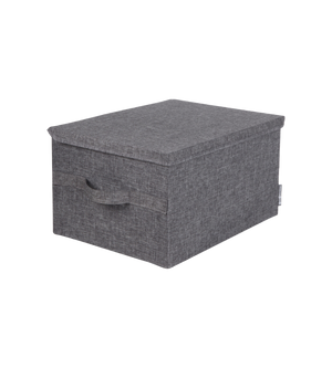 De Bigso SOFT opbergbox Grijs L (45x34x25 cm) van stof, met deksel en handvat aan de voorkant, is opvouwbaar, ruimtebesparend en wordt gepresenteerd op een witte achtergrond.