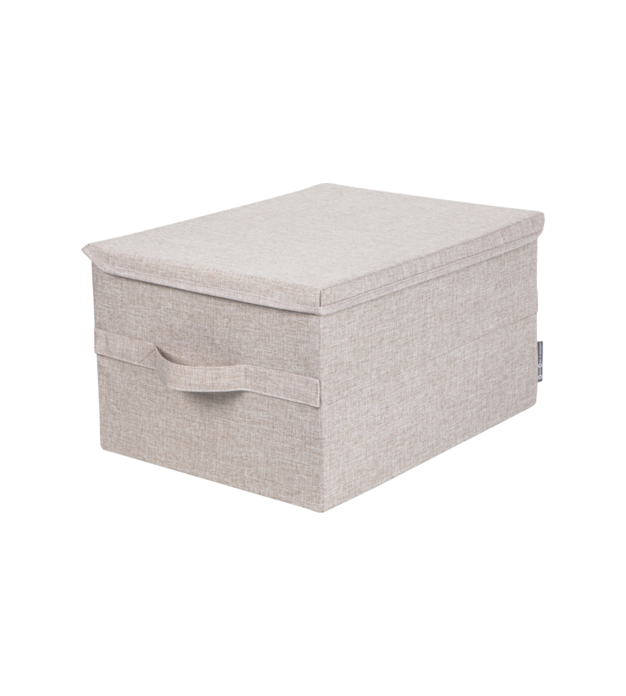 De Bigso SOFT opbergdoos Beige L (45x34x25 cm) is een rechthoekige, opvouwbare opbergdoos met een deksel en een handvat aan de voorkant, afgebeeld op een eenvoudige witte achtergrond.