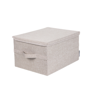 De Bigso SOFT opbergdoos Beige L (45x34x25 cm) is een rechthoekige, opvouwbare opbergdoos met een deksel en een handvat aan de voorkant, afgebeeld op een eenvoudige witte achtergrond.