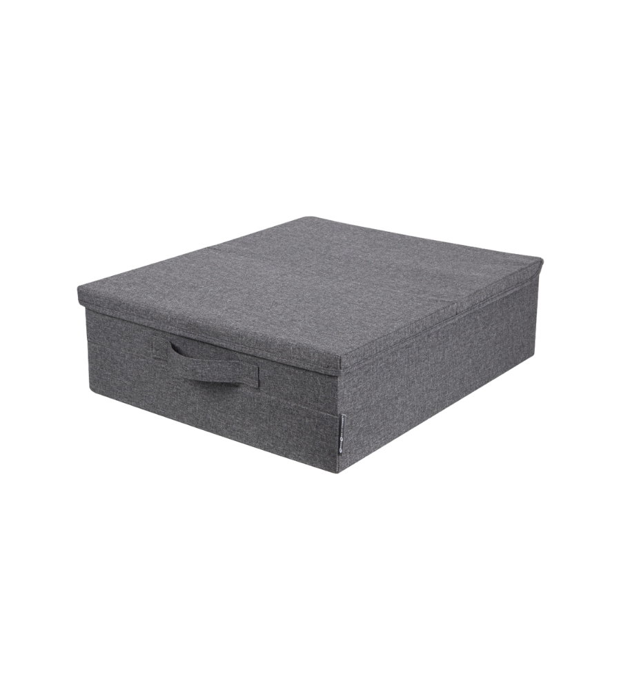 De Bigso SOFT opbergbox Grijs, een vierkante opbergbox met deksel en handgreep aan de voorkant, is afgebeeld tegen een witte achtergrond – ideaal om onder je bed te bewaren.