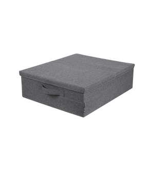 De Bigso SOFT opbergbox Grijs, een vierkante opbergbox met deksel en handgreep aan de voorkant, is afgebeeld tegen een witte achtergrond – ideaal om onder je bed te bewaren.
