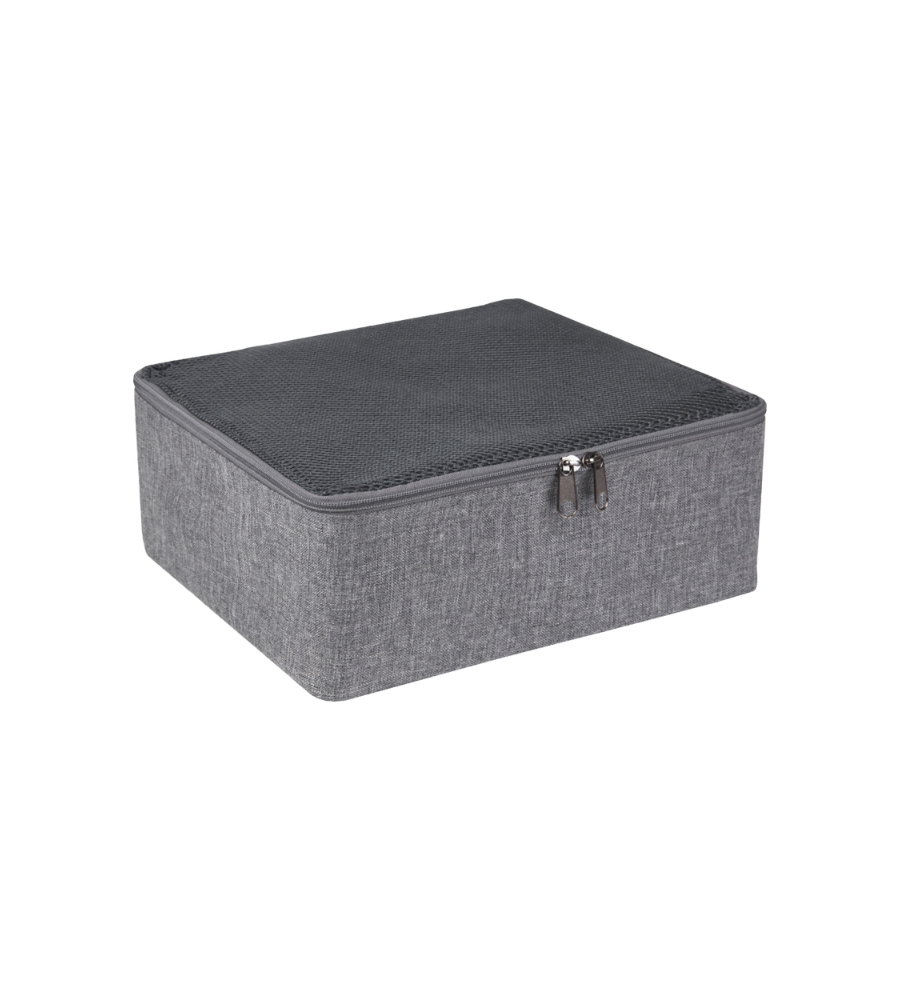 De Bigso TRAVEL Organizer M - Grijs is een grijze opbergbox van stof met ritssluiting en een deksel van gaas, ideaal als kofferorganizer, afgebeeld op een eenvoudige witte achtergrond.