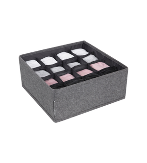 De Bigso SOFT Organizer Grijs – 16 vakken houdt kleding in wit, roze en zwart netjes opgevouwen en gescheiden, zodat je alles makkelijk kunt opbergen.