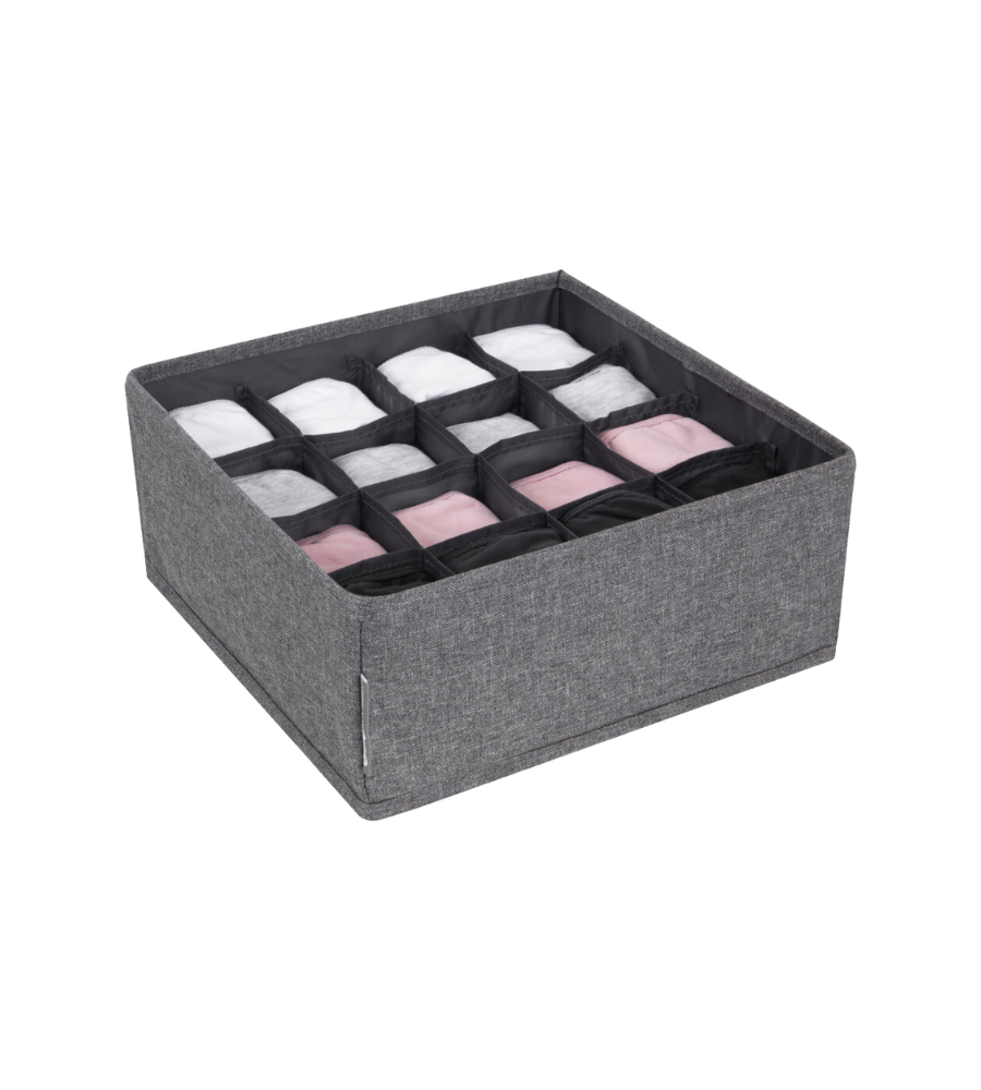 De Bigso SOFT Organizer Grijs – 16 vakken houdt kleding in wit, roze en zwart netjes opgevouwen en gescheiden, zodat je alles makkelijk kunt opbergen.