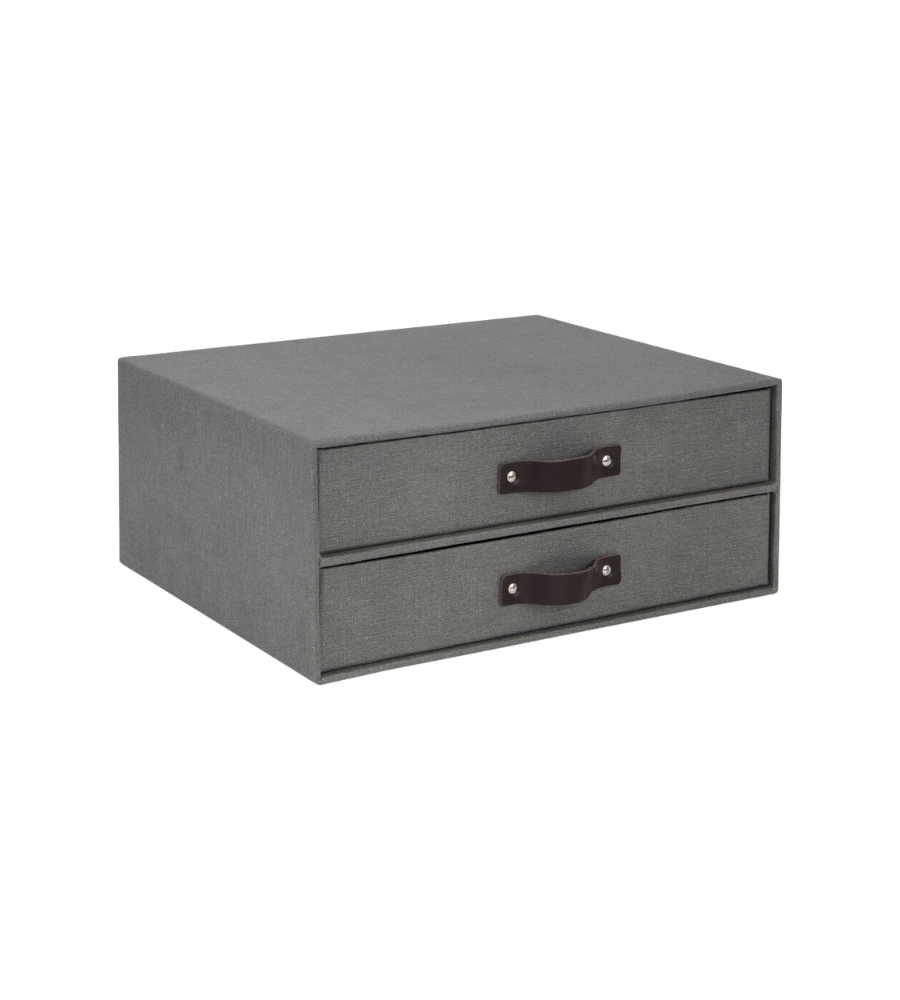 De Bigso BIRGER ladekast met 2 vakken in grijs canvas heeft twee lades en donkere leren handgrepen en is ideaal als bureau-organizer. De rechthoekige A4-kast is afgebeeld tegen een eenvoudige witte achtergrond.