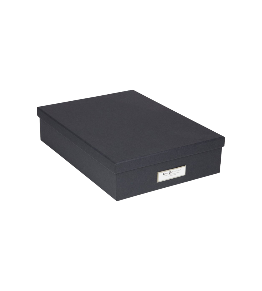 De Bigso OSKAR opbergdoos A4 in donkergrijs, met een rechthoekige vorm, bijpassend deksel en een klein wit etiket op de voorkant, wordt getoond tegen een eenvoudige witte achtergrond.