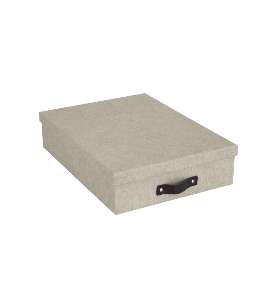De Bigso OSKAR opbergdoos A4 - Linnen Canvas is een rechthoekige, beige opbergdoos van stof met een deksel en een zwart handvat aan de voorkant, die perfect is voor het opbergen van documenten. Afgebeeld op een witte achtergrond.