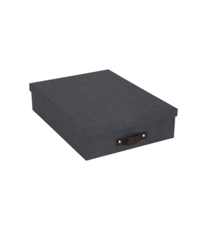 De Bigso OSKAR opbergbox A4 in zwart canvas met opzetdeksel en zwarte handgreep aan de zijkant is perfect als documentenbox, hier afgebeeld tegen een eenvoudige witte achtergrond.