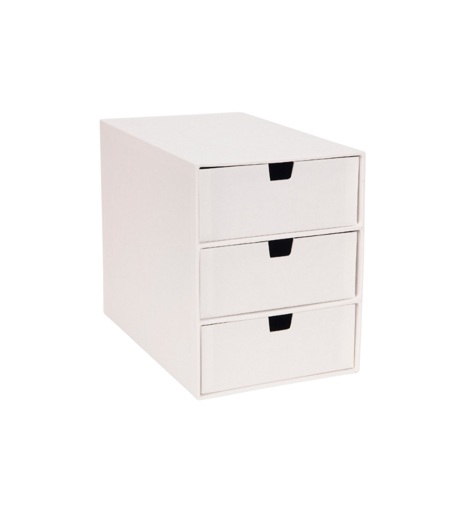 De INGRID-ladekast met 3 vakken van Bigso, in wit karton met zwarte handgrepen, is ideaal voor het organiseren van je kantoor of het opbergen van make-up en wordt gepresenteerd tegen een eenvoudige witte achtergrond.