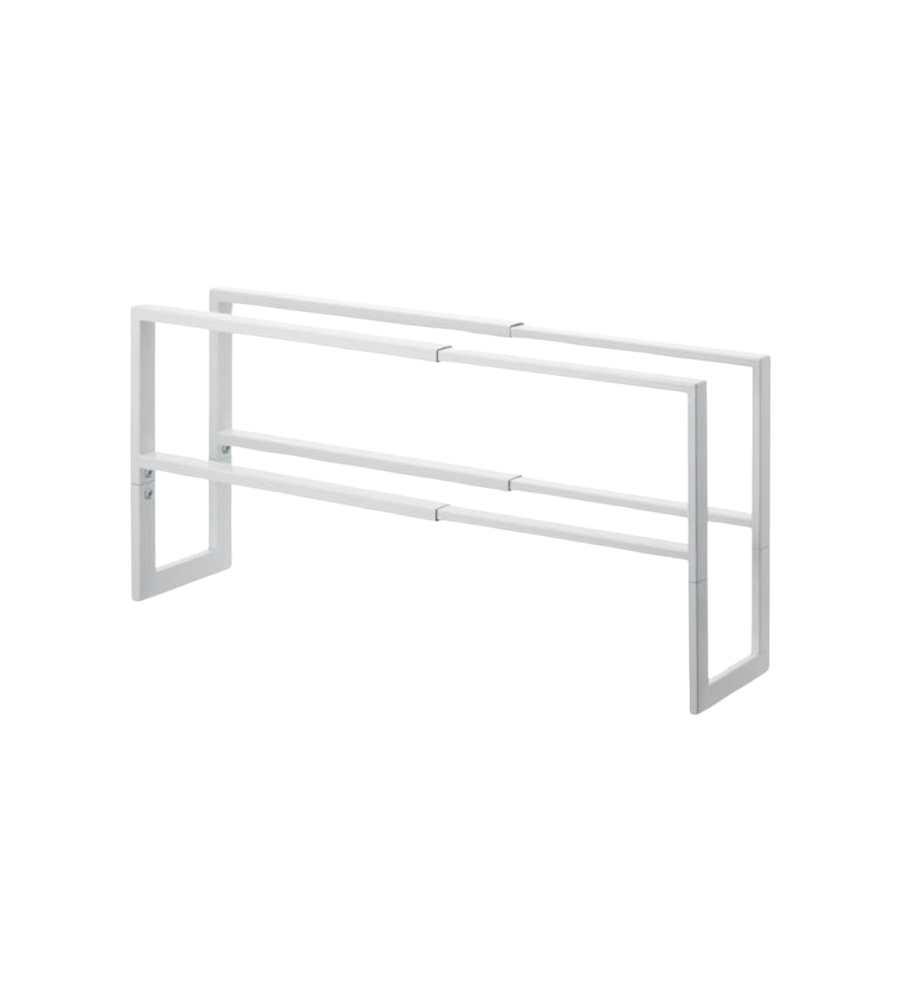 De YAMAZAKI LINE uitschuifbare schoenenrek - Wit is een minimalistisch, wit metalen schoenenrek met twee horizontale stangen en rechthoekige zijsteunen voor wand- of opbouwmontage, en biedt een stijlvolle opbergoplossing. Afgebeeld tegen een eenvoudige witte achtergrond.