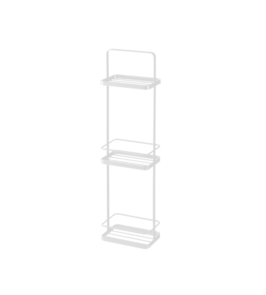 De YAMAZAKI TOWER badkamerrek - wit is een minimalistisch, rechthoekig metalen rek met drie niveaus, een dun frame, ruime opbergruimte en gelijkmatig verdeelde open vakken tegen een strakke witte achtergrond.