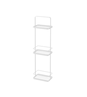 De YAMAZAKI TOWER badkamerrek - wit is een minimalistisch, rechthoekig metalen rek met drie niveaus, een dun frame, ruime opbergruimte en gelijkmatig verdeelde open vakken tegen een strakke witte achtergrond.