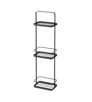 De YAMAZAKI TOWER badkamerrek - Zwart is een zwart metalen rek met drie planken, rechthoekige vakken en open zijkanten voor optimale organisatie en opbergruimte, afgebeeld tegen een strakke witte achtergrond.