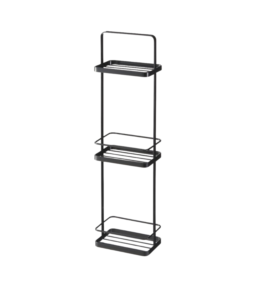 De YAMAZAKI TOWER badkamerrek - Zwart is een zwart metalen rek met drie planken, rechthoekige vakken en open zijkanten voor optimale organisatie en opbergruimte, afgebeeld tegen een strakke witte achtergrond.