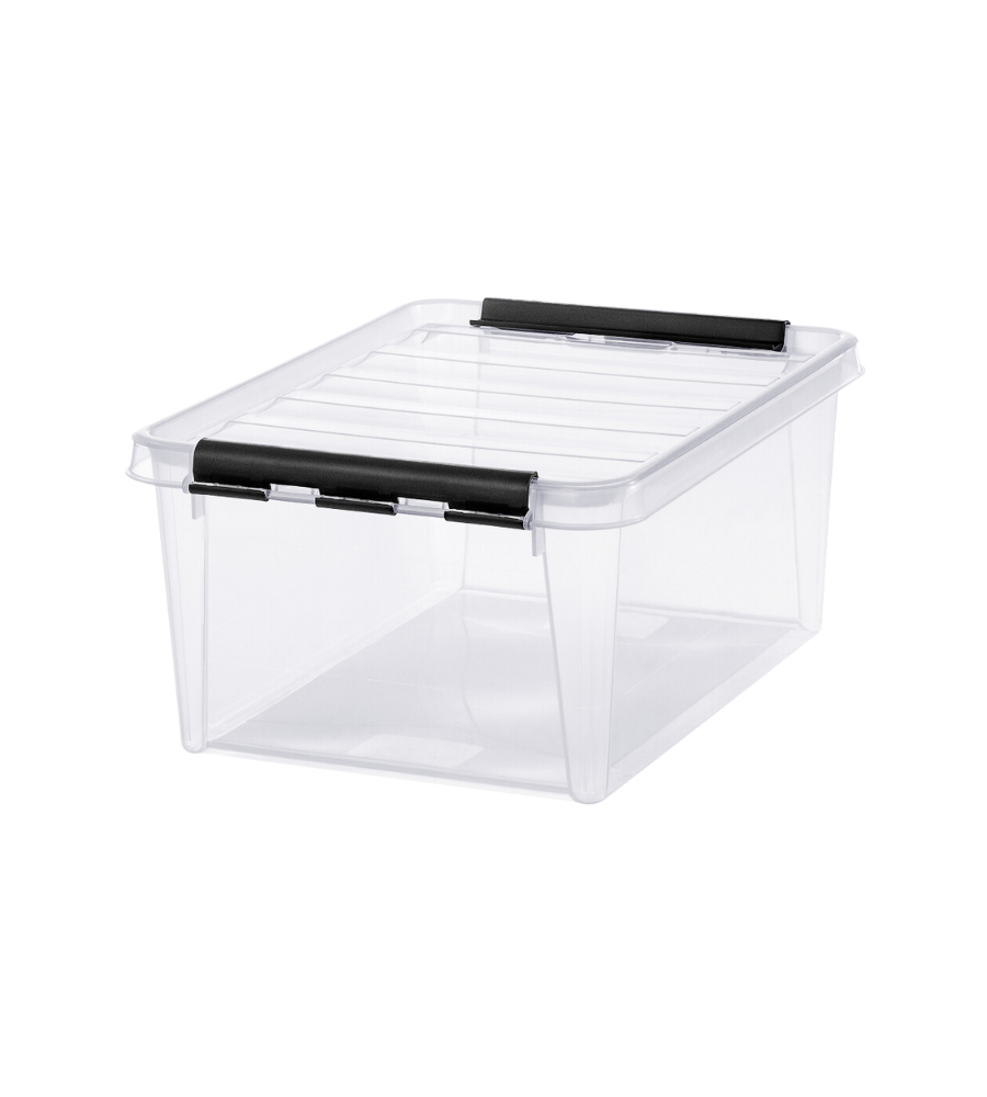 De Orthex SmartStore Box KLAR (40x30x18 cm, 14 l) is een doorzichtige, BPA-vrije, rechthoekige opbergbak met zwarte vergrendelingshandgrepen en een transparant deksel, afgebeeld tegen een eenvoudige witte achtergrond.