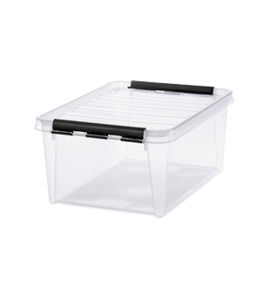 De Orthex SmartStore Box KLAR (40x30x18 cm, 14 l) is een doorzichtige, BPA-vrije, rechthoekige opbergbak met zwarte vergrendelingshandgrepen en een transparant deksel, afgebeeld tegen een eenvoudige witte achtergrond.