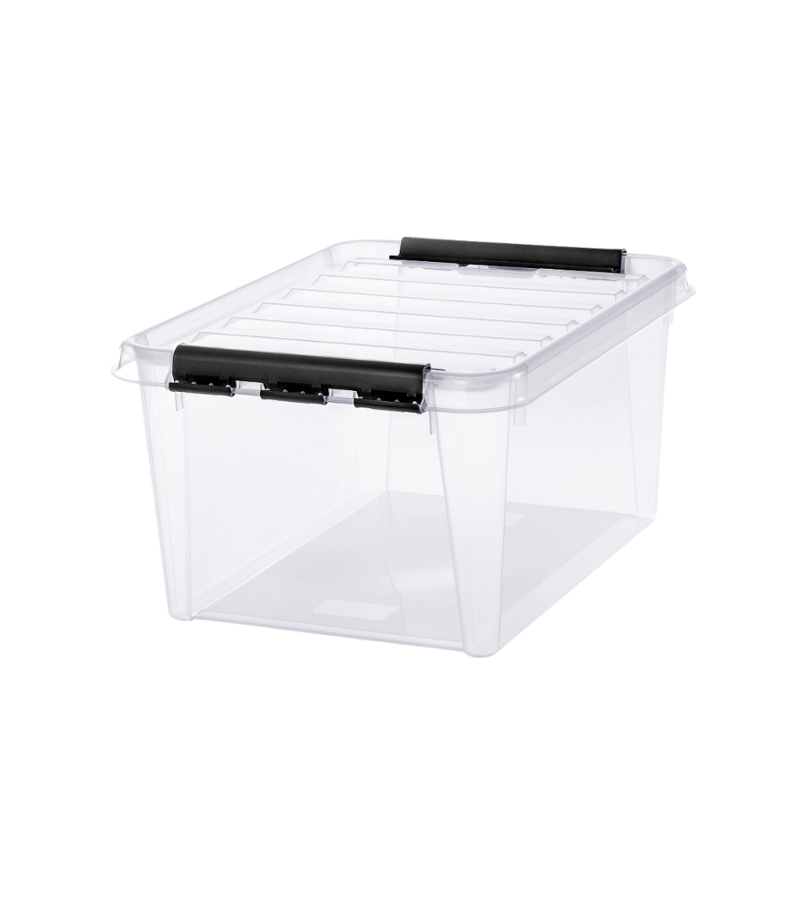 De Orthex SmartStore Box KLAR (50x39x26 cm, 31 l) is een doorzichtige, BPA-vrije opbergbox met zwarte handgrepen en een scharnierend deksel, perfect om je spullen te stapelen en te ordenen, zodat je er makkelijk bij kunt.