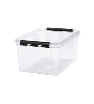 De Orthex SmartStore Box KLAR (50x39x26 cm, 31 l) is een doorzichtige, BPA-vrije opbergbox met zwarte handgrepen en een scharnierend deksel, perfect om je spullen te stapelen en te ordenen, zodat je er makkelijk bij kunt.