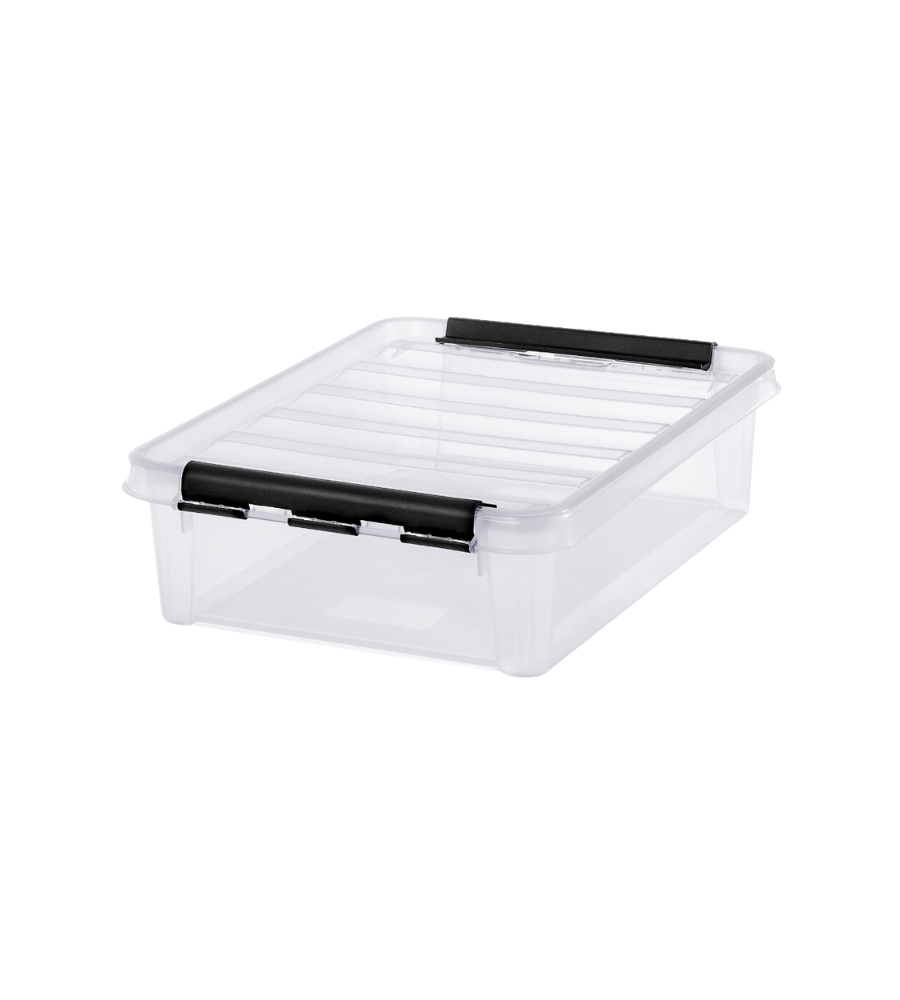 De Orthex SmartStore Box KLAR - 40x30x11 cm (7,5 l) plat is een BPA-vrije, doorzichtige opbergdoos met een transparant deksel en twee zwarte sluitingen. Hij is ruimtebesparend stapelbaar en ideaal om spullen te ordenen.