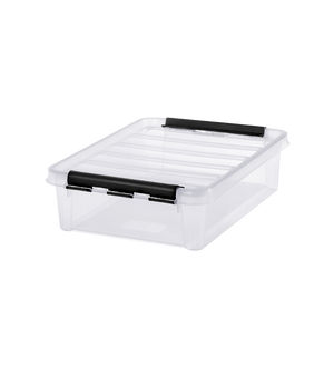 De Orthex SmartStore Box KLAR - 40x30x11 cm (7,5 l) plat is een BPA-vrije, doorzichtige opbergdoos met een transparant deksel en twee zwarte sluitingen. Hij is ruimtebesparend stapelbaar en ideaal om spullen te ordenen.