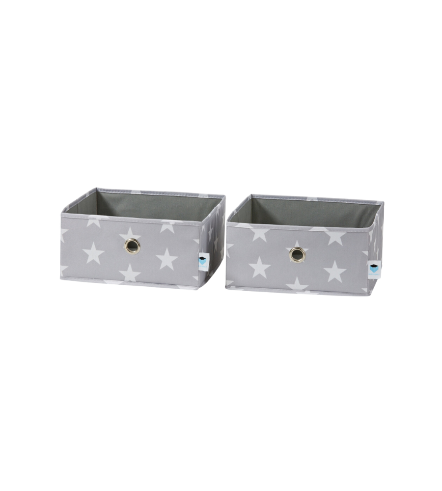 Twee brede grijze STAR Organizer-boxen van Love it Store it, set van 2 met wit sterrenmotief, handvatten met metalen oogjes en blauwe hangers – ideaal om de kinderkamer op orde te houden.