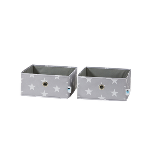 Twee brede grijze STAR Organizer-boxen van Love it Store it, set van 2 met wit sterrenmotief, handvatten met metalen oogjes en blauwe hangers – ideaal om de kinderkamer op orde te houden.