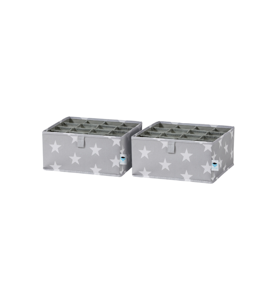 De Love it Store it STAR Organizer 16 vakken grijs - set van 2 stuks bestaat uit twee grijze opbergboxen met witte sterren, elk met 16 vakken – ideaal voor het sorteren van sokken en ondergoed in de kinderkamer. Afgebeeld naast elkaar op een eenvoudige witte achtergrond.