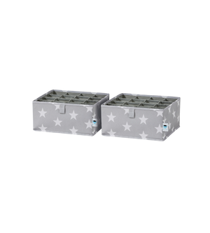 De Love it Store it STAR Organizer 16 vakken grijs - set van 2 stuks bestaat uit twee grijze opbergboxen met witte sterren, elk met 16 vakken – ideaal voor het sorteren van sokken en ondergoed in de kinderkamer. Afgebeeld naast elkaar op een eenvoudige witte achtergrond.