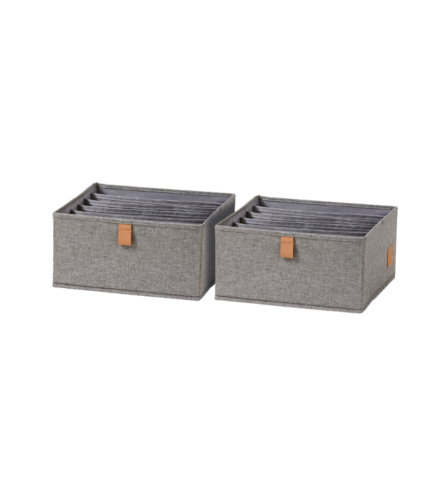 De Love it Store it PREMIUM-organizer met 6 vakken, grijs – set van 2 stuks bestaat uit twee grijze organizers met bruine handgrepen en tussenschotten, die naast elkaar kunnen worden geplaatst – ideaal om spullen in elke kamer netjes op te bergen.
