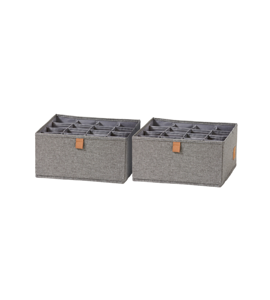 Twee PREMIUM-opbergers met 16 vakken in grijs van Love it Store it, elk met een bruin etiket op de voorkant, staan naast elkaar op een eenvoudige witte achtergrond. De set bevat 2 grijze opbergers, perfect voor sokken en ondergoed.