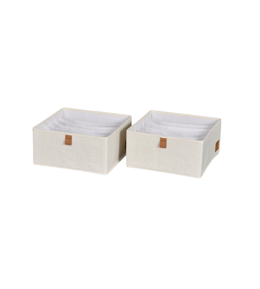 De Love it Store it PREMIUM Organizer met 6 vakken, breed, beige – set van 2 stuks bestaat uit twee beige opbergboxen met bruine treklipjes, afgebeeld naast elkaar op een witte achtergrond – een stijlvolle en praktische oplossing om je huis op orde te houden.