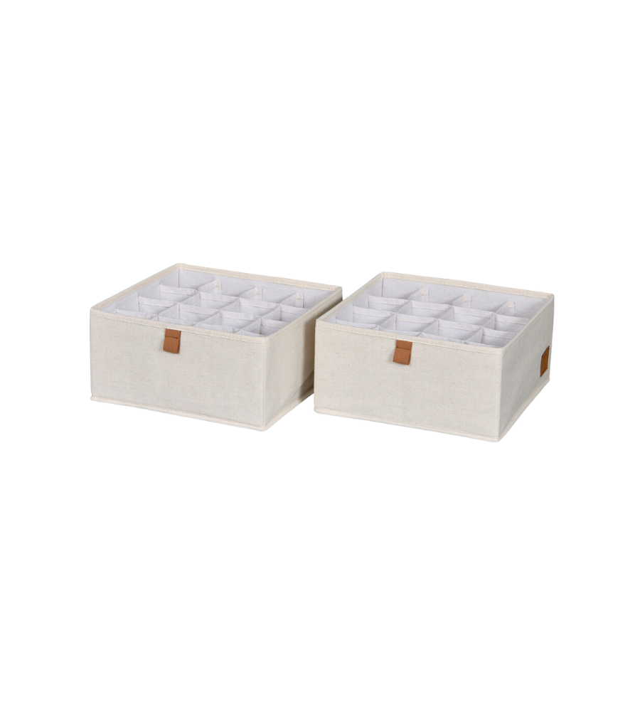 Twee PREMIUM-opbergdozen met 16 vakken in beige (set van 2 stuks) van Love it Store it, ideaal voor het opbergen van sokken en ondergoed, staan naast elkaar afgebeeld met bruine tabbladen op een witte achtergrond.