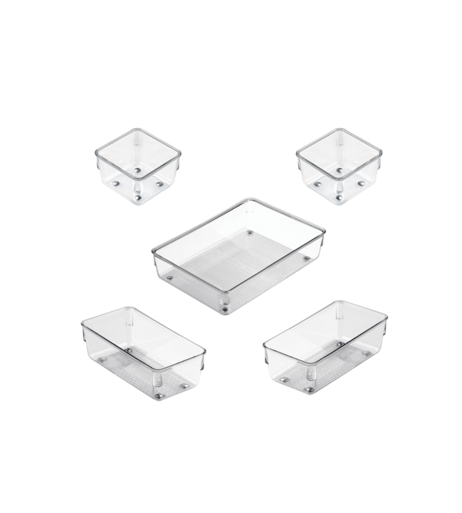 Op een witte achtergrond staan vijf doorzichtige, rechthoekige plastic bakjes uit de iDesign-ladesorteerset LINUS (5-delig) afgebeeld – perfect om orde te scheppen in de lades bij je thuis of op kantoor.