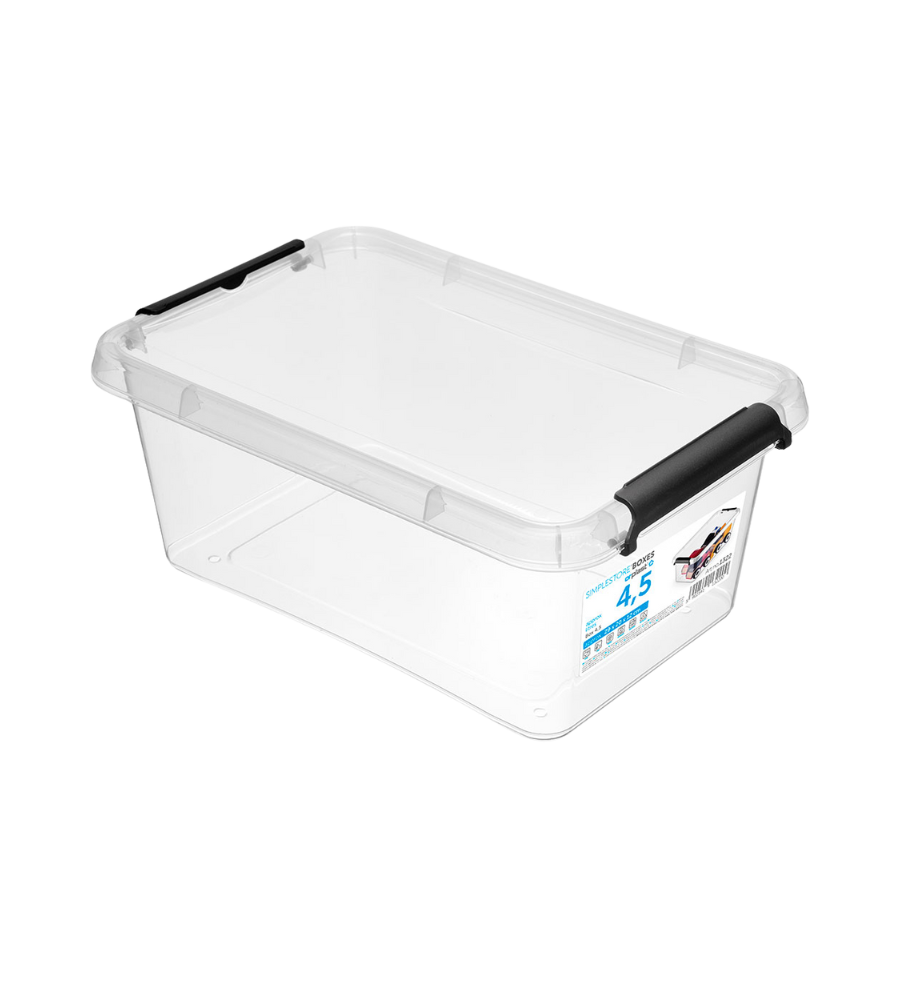 De Orplast SimpleStore Box - 29x20x12 cm (4,5 l) is een doorzichtige opbergdoos van kunststof met een deksel en twee zwarte vergrendelingshendels, voorzien van een blauw bedrukt voorpaneel. Hij is gemaakt van BPA-vrij materiaal, stapelbaar en veilig op te bergen.