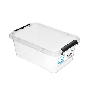 De Orplast SimpleStore Box - 29x20x12 cm (4,5 l) is een doorzichtige opbergdoos van kunststof met een deksel en twee zwarte vergrendelingshendels, voorzien van een blauw bedrukt voorpaneel. Hij is gemaakt van BPA-vrij materiaal, stapelbaar en veilig op te bergen.