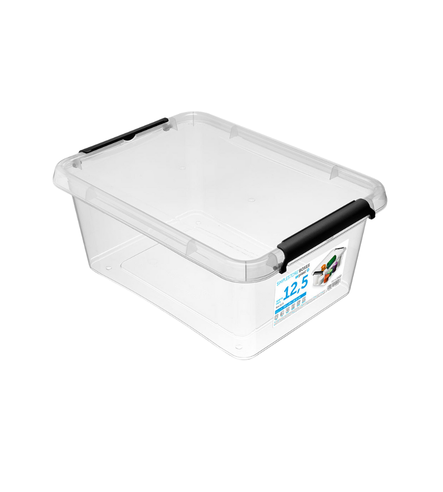 De Orplast SimpleStore Box (39x29x16,5 cm, 12,5 l) is een BPA-vrije opbergdoos van doorzichtig kunststof met zwarte handgrepen aan de zijkanten en een etiket aan de voorkant, stapelbaar op een witte achtergrond.