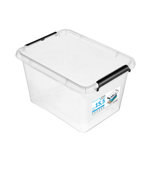 De Orplast SimpleStore Box (39x29x21,5 cm, 15,5 l) is een BPA-vrije, stapelbare opbergbak met een deksel en zwarte sluitingen aan de zijkanten. Een etiket op de voorkant geeft informatie over de opslag en vermeldt de inhoud van 15,5 liter.