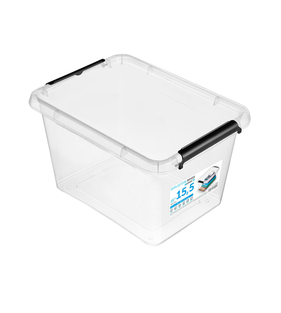 De Orplast SimpleStore Box (39x29x21,5 cm, 15,5 l) is een BPA-vrije, stapelbare opbergbak met een deksel en zwarte sluitingen aan de zijkanten. Een etiket op de voorkant geeft informatie over de opslag en vermeldt de inhoud van 15,5 liter.