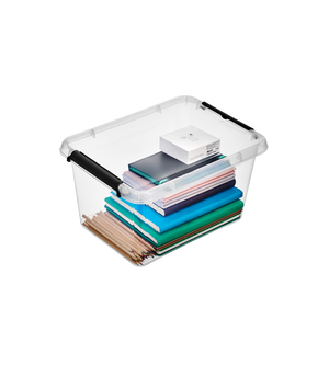 De Orplast SimpleStore Box (39x29x21,5 cm, 15,5 l) is een doorzichtige, BPA-vrije opbergbak met zwarte handvatten en een deksel, die perfect is om notitieboekjes, ordners en kleine spullen netjes op te bergen op elk wit oppervlak.