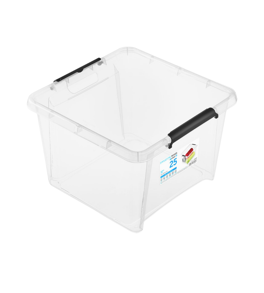 Doorzichtige plastic doos met zwarte handvatten, sticker „SMARTSTORE PRO 25“ met afmetingen en barcode.